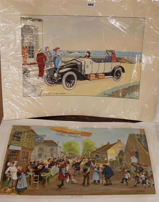 F.Fairano, colour print, Clement-Bayard, 33 x 49cm and a chromolithograph Le Viola, 34 x 54m, both unframed